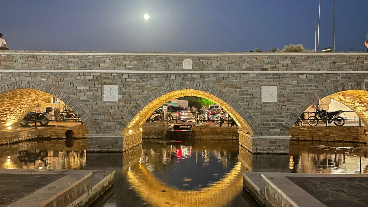 Bridge at night time in Naoussa, Paros, Greece